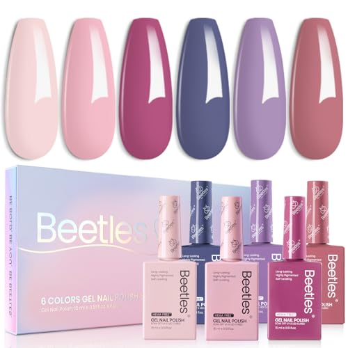 Beetles Hema-Free Gel Polish Set - 6 Colors 15ml Full Size Baby Pink Purple Gel Nude Pink Summer Colors Gel Polish Kit Soak Off Uv LED Nail Lamp DIY Home Manicure Salon Serene Afternoon