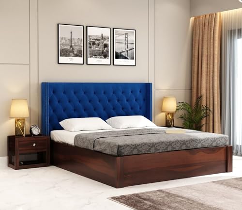 Image of LOGAN Upholstered Sheesham Wood King Size Bed with Box Storage 78x72 | Solid Wood Bed with Storage | Wooden Bed King Size Cot Double Bed with Storage for Bedroom Home |Walnut Blue