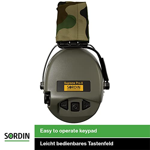 Image of Sordin Supreme PRO X SOR75302-X-G-S - Active Adjustable Ear Muffs - Hearing Protection - Gel Seals - Camo Canvas Headband and Green Cups