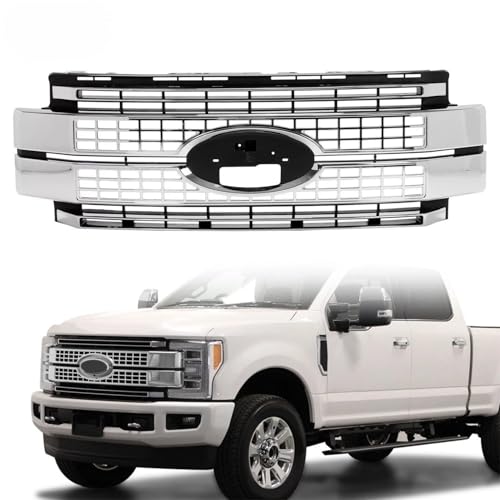 SUGGESGIVE JN Chrome Front Grille for Fo rd Sup er Du ty F250 F350 F450 2017-2019 | Replacement Grille Insert with Logo | Fit for Pickup Truck Models (Please Confirm Compatibility)