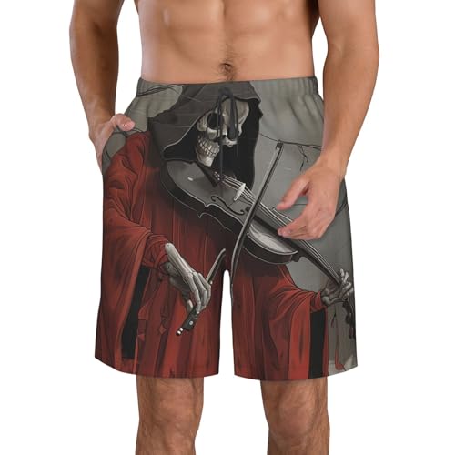 Men's Quick Dry Swim Shorts Grim Reaper Playing The Violin Skull Fantasy Dark Beach Trunks with Pockets