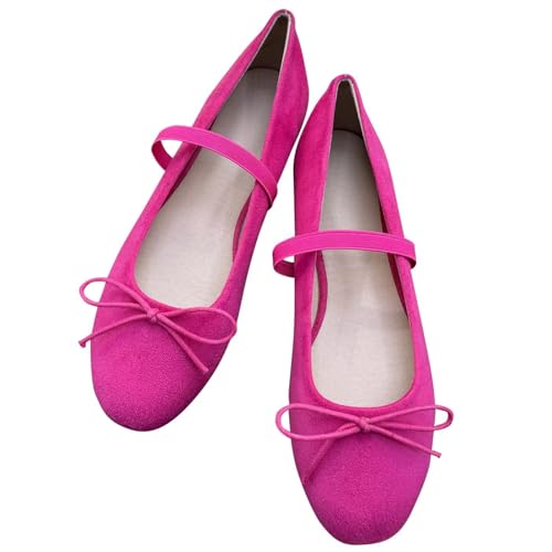 Image of TN TANGNEST Women's Mary Jane Flats Bow Ballet Shoes | Round Toe Flats with Buckle Strap Dressy Comfortable Faux Suede Flats