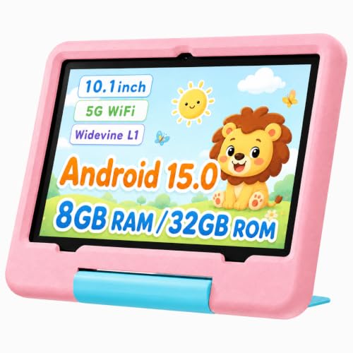 Peicheng10 inch Android 15 Tablet for Kids 8GB+32GB with 6000mAh Battery, 10-Point Touch, 2.4G+5G WiFi, Bluetooth 5.0, Dual Cameras, Shockproof Case for Toddlers Boys Girls (Pink)