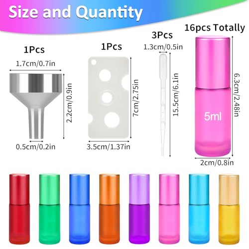 Maxmoc 16 Stück Roll on Glasflaschen für Ätherisches Öl, 5ml Roll on Flasche Leer mit Edelstahl-Ball, Bunt Rollon Flaschen mit Öffner, Tropfer, Trichter für Ätherische Öle, Parfüm, Massage