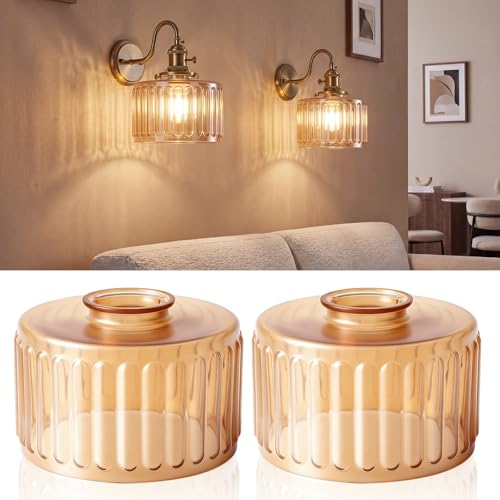 Teenyyou 2 Pack Amber Screw Fixed Glass Lamp Shades, Fits 1.89" Screw Fitter Fixtures, Ribbed Replacement Shades, E26/E27 Bulbs for Pendant Light, Wall Sconce, Hanging Lamp, Bar Cafe Decor