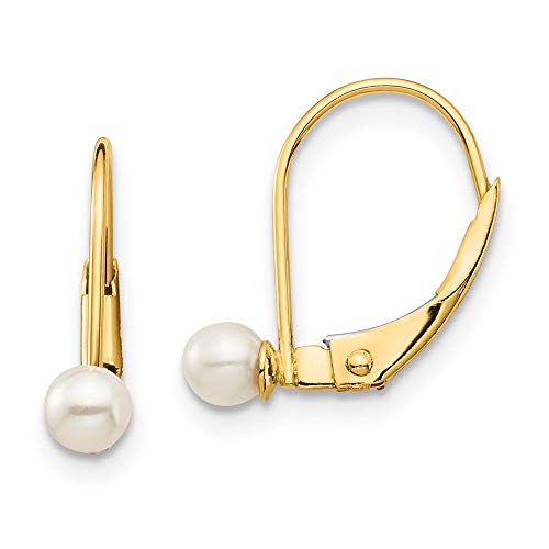 14k Yellow Gold 4mm White Round Freshwater Cultured Pearl Leverback Earrings Lever Back Drop Dangle Fine Jewelry For Women Gifts For Her
