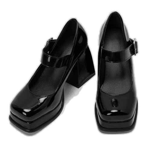 ENWIND Women's High Heels Square Toe Mary Jane Pumps Chunky Heel Platform Office Lady Party Events Dress Shoes,Black,9 UK