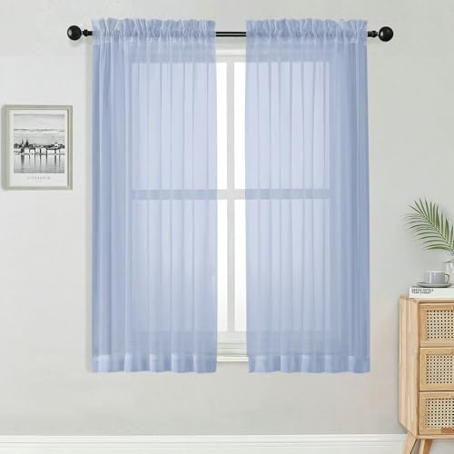 Image of OWENIE Sheer Curtains 63 Inch Length 2 Panels Set for Bedroom Living Room, Modern Soft Solid Light Filtering Sheer Curtain, Rod Pocket Window Treatments, 42 inch Wx63 L, Demin