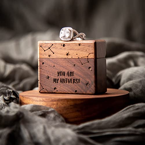 Muujee You Are My Universe Slim Engagement Ring Box - Engraved Wooden Ring Box For Wedding Ceremony Engagement Proposal Ring Bearer Box - Anniversary Birthday Gift Ideas #TOP3