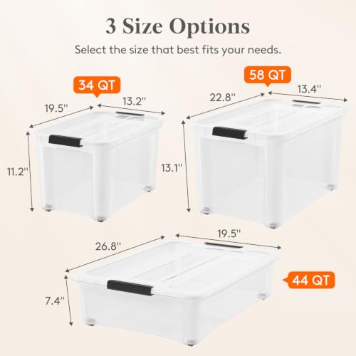 Image of Lifewit 44Qt Storage Bins with Lids, Plastic Large Latches Boxes with Wheels, Clear Totes Tubs Container for Closet Organizers and Storage, Bedroom, Clothes, Craft, 4 Pcs