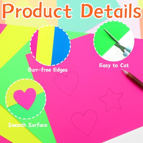 Cinvo Pacote com 30 folhas de papel neon colorido cartolina fluorescente brilhante A4 papel colorido