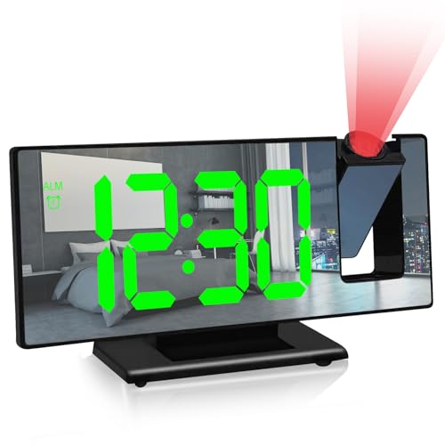 BYZESTY Reveil Projecteur Plafond, Réveil Numérique Projecteur 180°, Horloge Digitale LED avec Grand Écran, 3 Niveaux de Luminosité, Snooze, Affichage de la Date, Température, Alimenté par USB