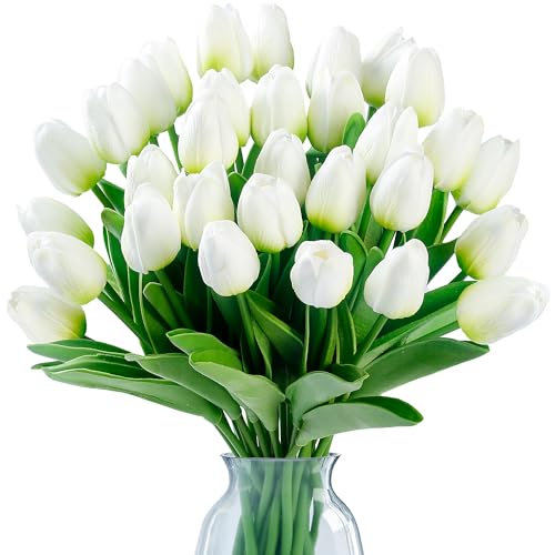 Image of Sggvecsy 30 Pcs Fake Tulips Artificial Flowers Real Touch PU Faux Flowers Tulip Stems for Wedding Spring Bouquet Floral Arrangement Home Party Office Decorations for Mother's Day (Green White)
