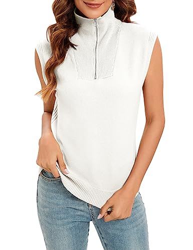 Amarmia Women's Zipper Knit Sweater Vest Sleeveless Summer Solid High Neck Cute Cap Sleeve Casual Loose Pullover Tank Tops White #TOP1