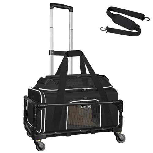 Petskd Top-Expandable Small Pet Carrier with Wheels (17" L x 12" W x 8.5" H), JetBlue/Allegiant/Spirit Airlines Approved, Rolling Pet Carrier for Small Dogs & Cats (Black)