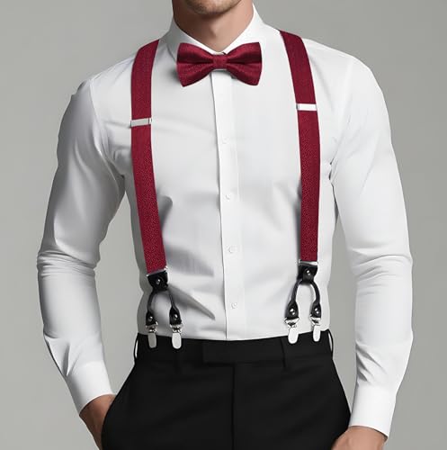 Image of Dubulle Suspender and Bow Tie for Men Paisley Solid Mens Suit Braces Pretied Bowtie and Handkerchief Cufflinks Formal Wedding