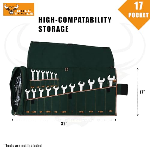 Image of BULL TOOLS SAE Ratcheting Wrench Roll Organiser SAE, 17+1 SAE Roll, with Zip Pouch, Made from Durable Recycled Cotton Canvas for Mechanics, DIYers, Home - Olive Green - (Tools are not Included)