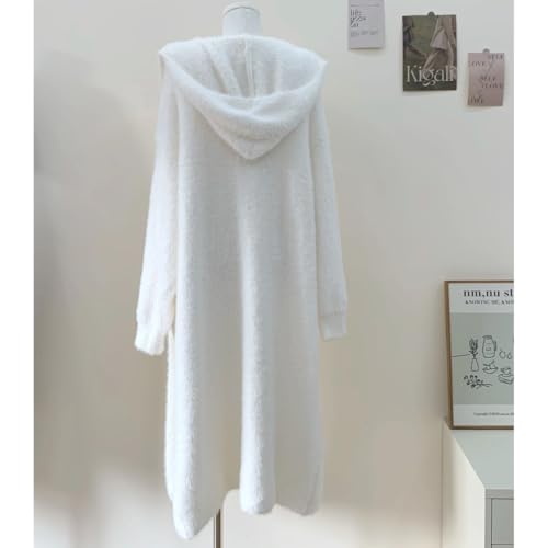 MOLERFO Long Fuzzy Cardigan Hooded Oversized Open Front Mohair Sweater Women Soft Cozy Warm Trendy Coquette Loungewear White4