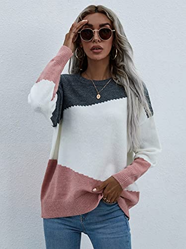 Image of ECOWISH Women Sweater Long Sleeve Color Block Knit Pullover Sweaters Crew Neck Patchwork Casual Loose Jumper Tops