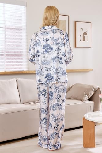 Image of YiNi LuLu Womens Silk Satin Pajamas Set Button Down 2 Piece Pjs Long Sleeve Oversized Sleepwear with Pockets