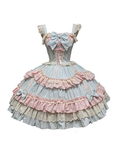 Smiling Angel Girls Sweet Lolita Dress Pink Layered Ruffle Dress with White Lace Trim and Bows Cosplay Costumes (Blue Large)