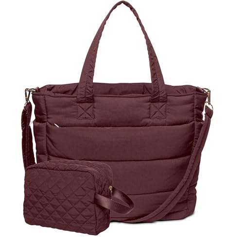 Dark Red Quilted Puffer Tote Bag for Women Work Travel Gym - Puffer Crossbody Bag Waterproof Carry All Soft Puffy Tote Bag with Zipper, Pockets, Laptop Slot, Luggage Sleeve - Puffer Purse USA Brand