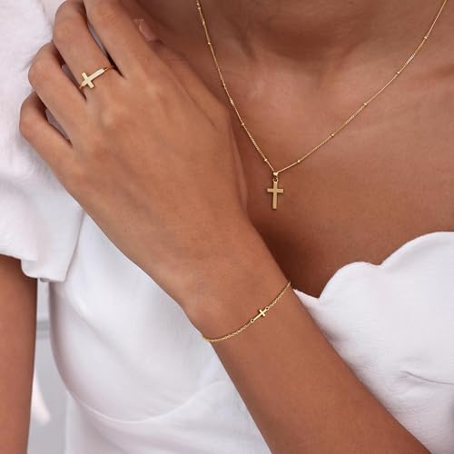 Poxtex Gold Cross Bracelet for Women Waterproof, 14K Plated Trendy Thin Tiny Mini Dainty Adjustable Chain Fashion Accessories Jewelry Gift for Womens Daughter Mom Christmas Stocking Valentines by Poxtex - Used condition - Image 3