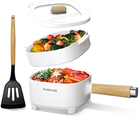 Audecook Electric Frying Pan, 2L Upgraded Cermic Non-Stick Coating Frying pan, Electric Ramen Cooker for Steak, Egg , Fried Rice, Oatmeal, Soup. Terminal Dual Power Controllable (Black/With Steamer)