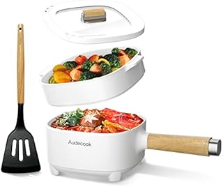 Audecook Electric Frying Pan, 2L Upgraded Cermic Non-Stick Coating Frying pan, Electric Ramen Cooker for Steak, Egg , Fried Rice, Oatmeal, Soup. Terminal Dual Power Controllable (Black/With Steamer)