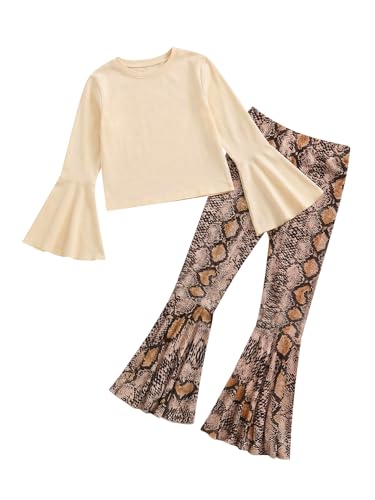 Image of WDIRARA Girl's 2 Piece Flounce Sleeve Top and Leopard Print Bell Leg Bottom Pants Set