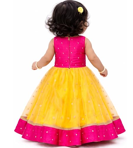 Image of Girls Designer Lehenga Choli Set Orange Rani Pink Readymade Pattu Pavadai Style Traditional Ethnic Dress for Baby Girls Kids Festive Wedding 3Months-8 Years