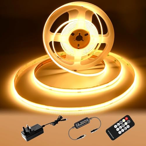 luktix COB LED Strip 5M, 2700K Warm White LED Strips, 24V Dimmable LED Strip Lights, CRI92+,8mm Width, with Remote Control and UKCA Power Supply,for Home Decoration, Kitchen, Mirror (2700k, 5m)