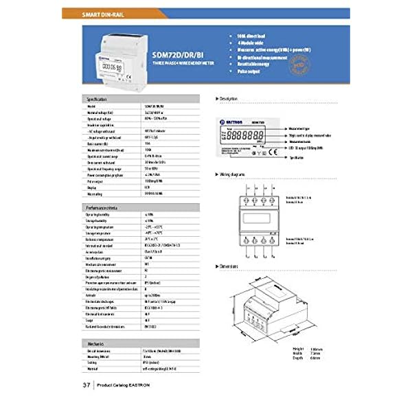 SDM72DR Trefas, elektrisk energimätare, 100 Amp kWh Din skena effektmätare, återställbar delvis energi, pulsmätare digital bakgrundsbelyst LCD. MID-certifierad/kalibrerad
