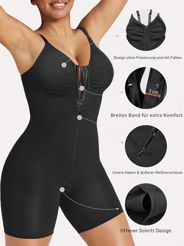 SHAPERX Shapewear Bodysuit Bauchkontrolle Nahtlos Body Shaper Mid-Thigh mit Reißverschluss & Haken Verstellbare Träger Figurformend für Alltag & Party, UK-SZ5862-Black-L/XL