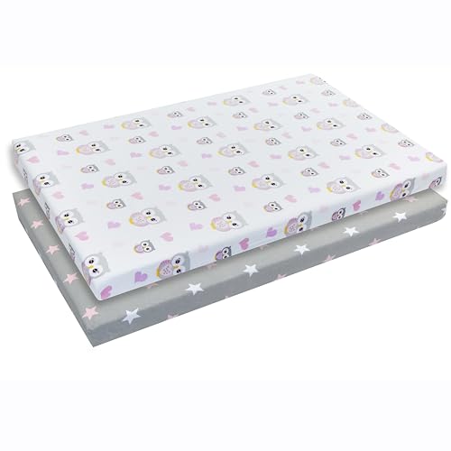 Image of EVERYDAY KIDS 2 Pack n Play Mattress Sheets – 100% Jersey Knit Cotton Soft Portable Crib for Girls with Pink and Purple Owl Star Designs; Pk Playpen or Mini Fitted Sheet Set 24'' by 38'' 5''