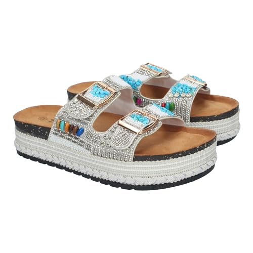 shoes&blues.es 84995 Sandalias para Mujer con Plataforma Comodas y Elegantes, Decorada con Adornos Brillantes y Hebilla Ajustable. Blanco Talla 39