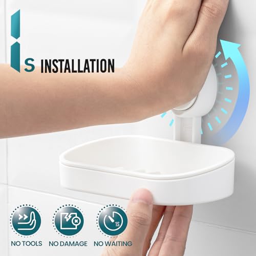 Taili Suction Soap Dish For Shower, Max Hold 3 Kg Shower Soap Holder For Bathroom, Wall Mounted Sponge Tray, Drill-Free, Removable Bathtub Organizer, Waterproof, Plastic Sink Holder Suction Cup, White - 3