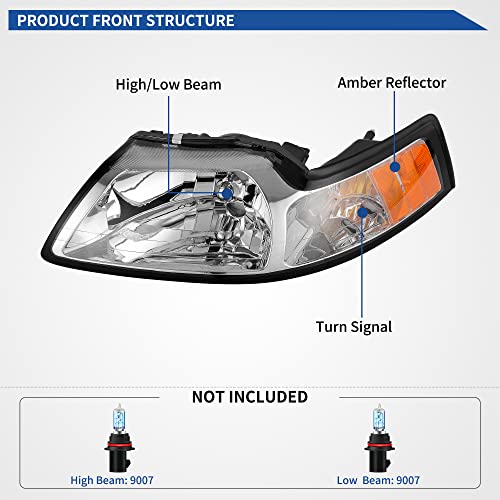 Image of oEdRo Headlight Assembly Compatible with 1999-2004 Ford Mustang, Headlamp with Amber Reflector Chrome Housing - Driver and Passenger Side
