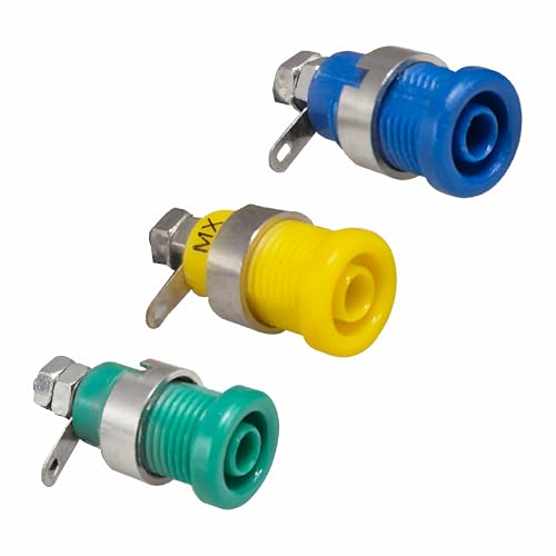 Image of MX 4mm Banana Socket Set, Laboratory Grade Safety Test Terminals in Blue Yellow Green, Metal Construction, Panel Mount Design Pack of 3