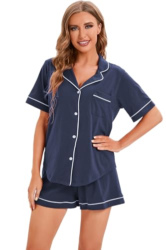 Image of LUBOT 100% Cotton Pajamas for Women 2 Piece PJ Set Button-Down Soft Knit Short Sleeve Summer Sleepwear Loungewear XS-XXL