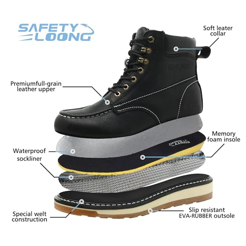 Image of Moc Toe Work Boots for Men Waterproof Soft /Steel Toe Comfortable Full Grain Leather Non Slip Wedge Outsole Construction 6 inch Workboots