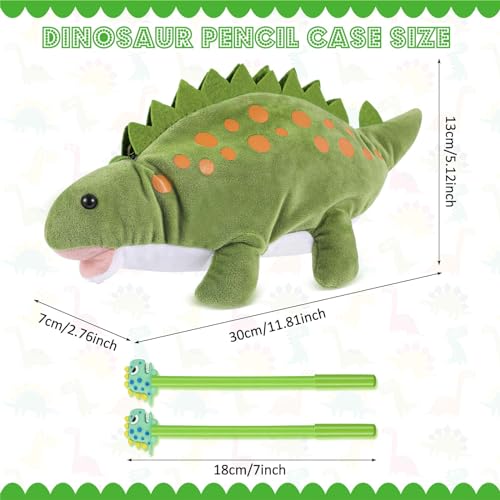 Image of 3 Pcs Green Dinosaur Pencil Pouch for Kids 3D Plush Animal Pencil Case with 2 Fun Pencils & 1 Soft Stationery Bag Ideal Birthday Gift for Boys and Girls, Back to School Supplies