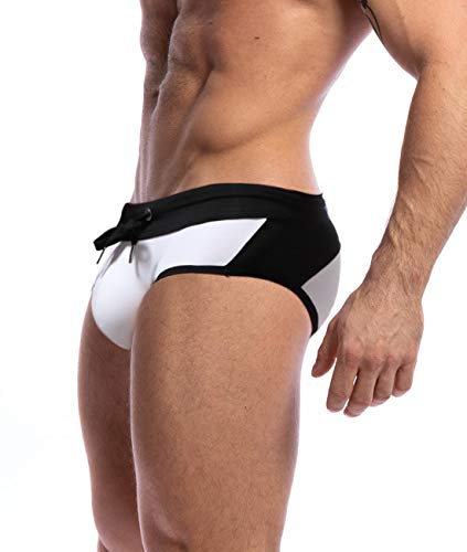 Mizok Mens Bikini Swimsuit Swim Briefs Sexy Low Rise Swimwear With Adjustable Drawstring (White, M #TOP2