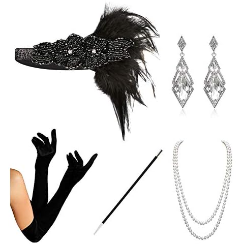 1920 Accessories Set - 1920s Flapper Costume Fancy Dress Gastby Accessories Vintage Feather Headband With Long Gloves For Women (Black4) Cover