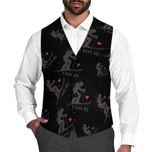 I Love Ski Novelty Men's Suit Vest Funny Formal Dress Vests Business Waistcoat