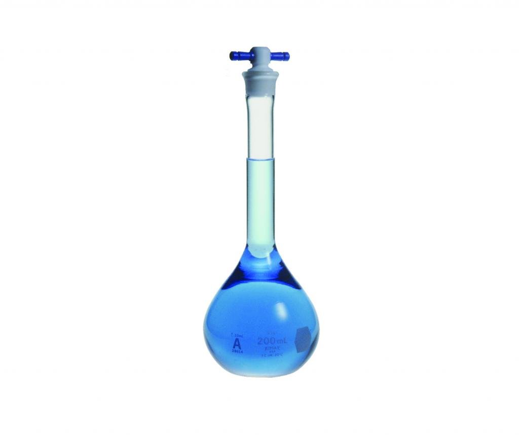 Kimax 28014F-250 Borosilicate Glass 250mL, +/- 0.12mL Tolerance, Round with Flat Bottom Class A Volumetric Flask, with Color-Coded PTFE Stopper (Case of 12)