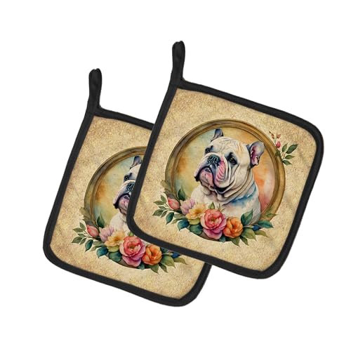 Caroline's Treasures English Bulldog and Flowers Pair of Pot Holders Kitchen Heat Resistant Pot Holders Sets Oven Hot Pads for Cooking Baking BBQ, 7 1/2 x 7 1/2