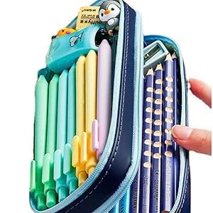 Image of PU Leather Pencil Case with Zipper, Large Capactiy Pouch Stationary Bag Storage Bag Makeup Bag for School, Office (Blue)