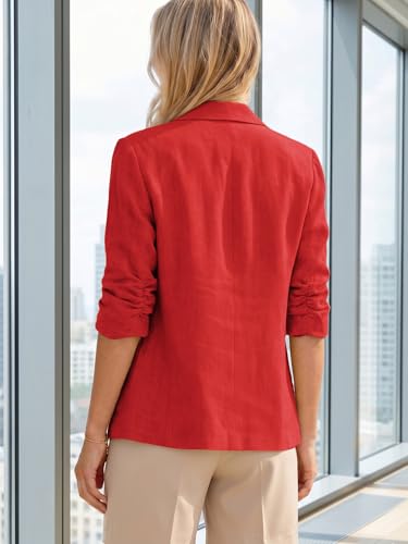 Image of Mina Self 2026 Summer Women's Linen Blazer Jacket - Lightweight Breathable 3 /4 Stretchy Ruched Sleeve Casual Work with Pocket