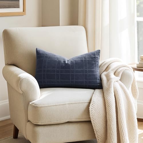 Image of MIULEE Decorative Linen Check Lumar Throw Pillow Covers Neutral Farmhouse Vintage Pillow Covers 12x20 Set of 2 Boho Modern Home Decor for Sofa Couch Bedroom Cushion Navy Blue